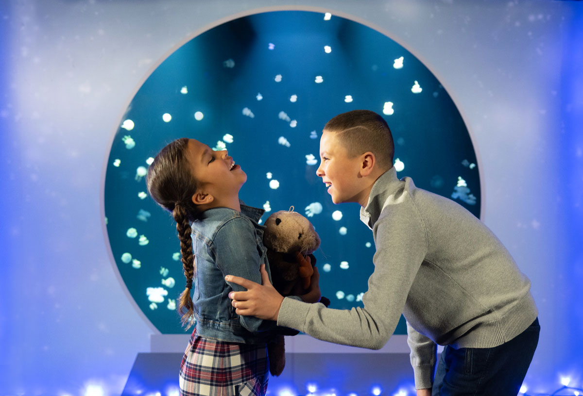 A brother and sister marvelling at the festive jellyfish habitat at Vancouver Aquarium